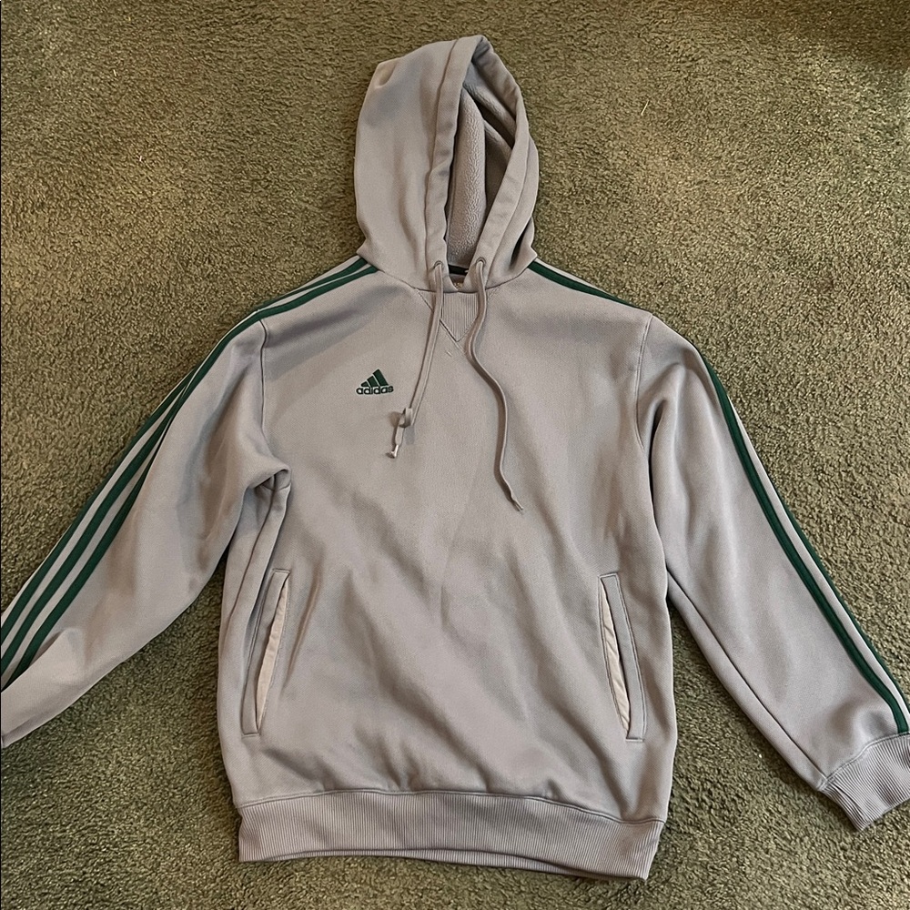 Adidas Small Light Gray Hoodie with Dark Green Stripes